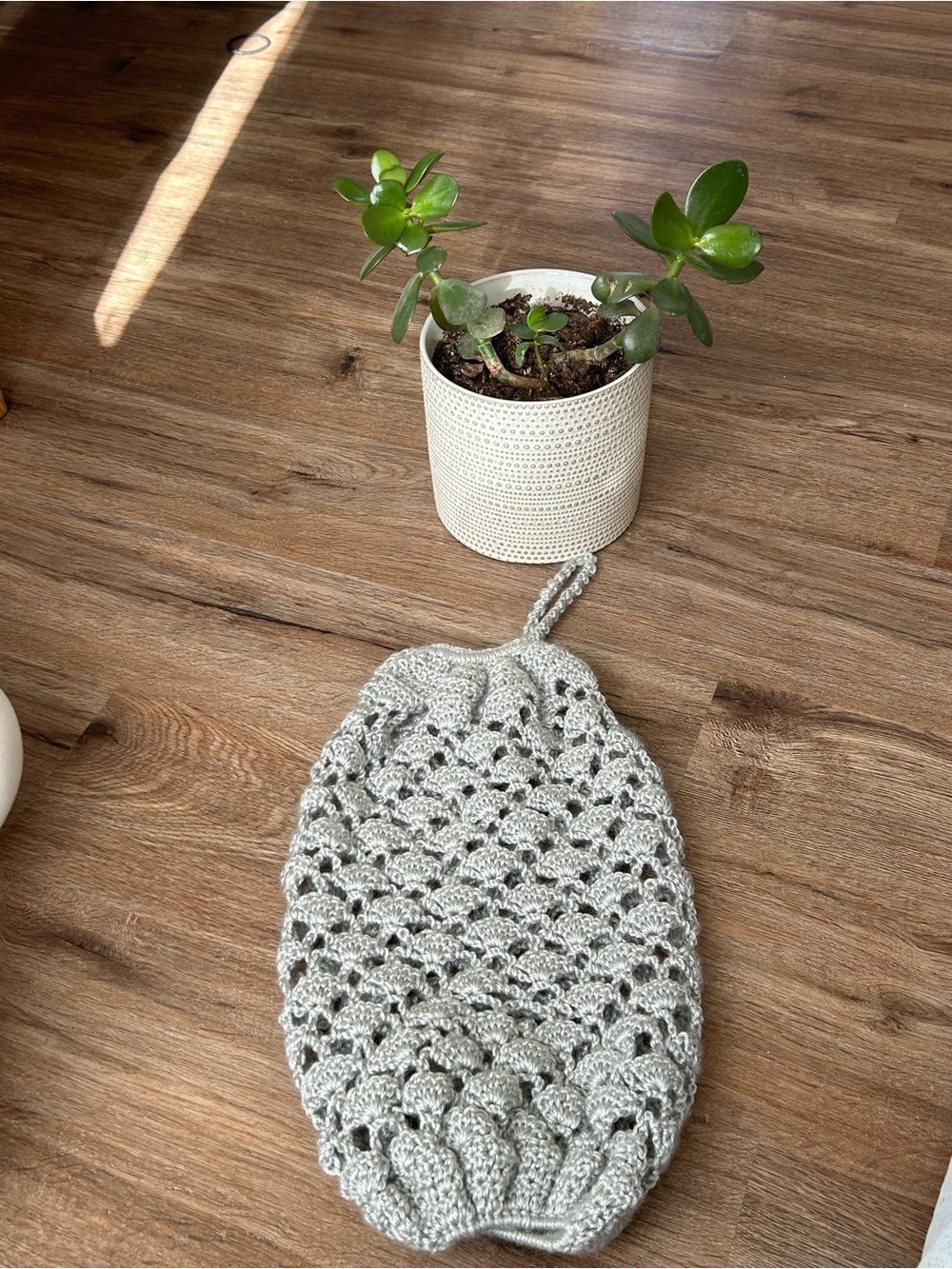 Handmade Crochet bag holder in blue Gray with Hanging Loop